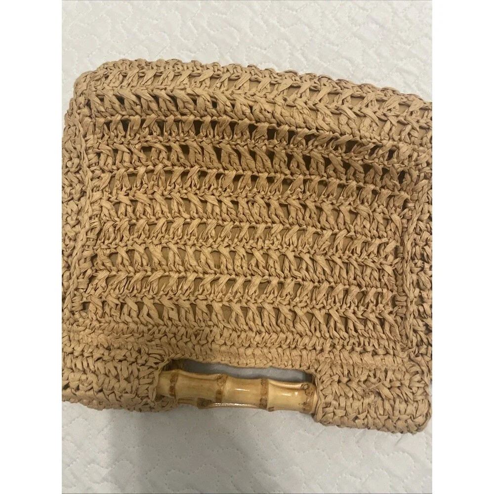 Straw Studios Woven Straw Clutch Tote Bag with Bamboo Handles Beige Handbag